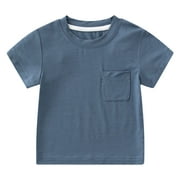 Toddler Kids Tshirt Solid Color Short Sleeve Crewneck Loose Fit Infant Baby Tops with Front Pocket 0-12 Months
